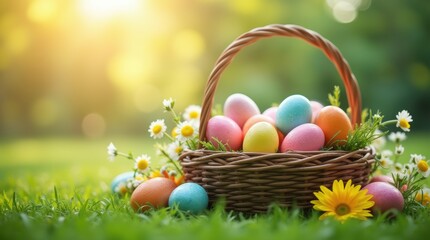 Fototapeta premium Easter basket filled with colorful eggs and flowers on green grass under sunlight