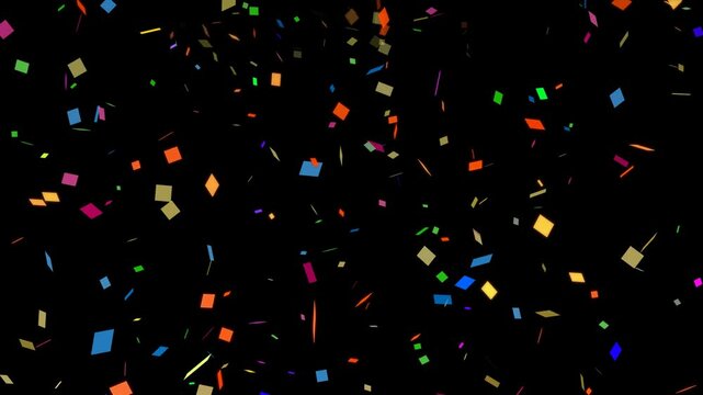 Animation of confetti explosion and falling particles, on transparent background, alpha channel.