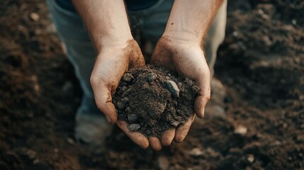 Soil and Degradation concept, Hands holding soil with a focus on earthiness and nature.