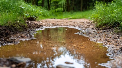 Fototapeta premium Tranquil Puddle on a Forest Trail Reflecting Nature's Serenity