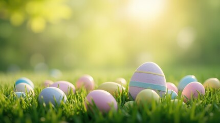 Fototapeta premium Brightly colored Easter eggs scattered on fresh green grass under sunlight