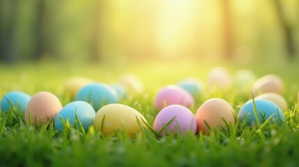 Fototapeta premium Brightly colored Easter eggs scattered on fresh green grass under sunlight