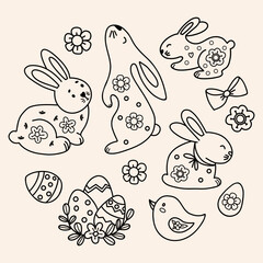 Fototapeta premium Cute Easter Bunnies and Paschal Eggs Doodles. Spring Holiday Collection. Isolated Vector Line Hand-drawn illustrations for festive decor and design