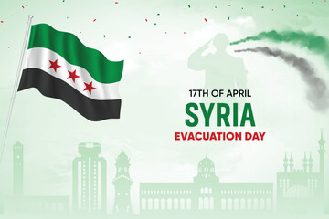 Syria Flag Waving On Skyline Background. Evacuation Day Concept Design Vector Illustration.