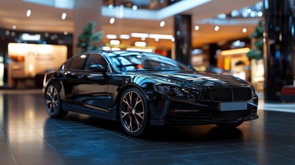 Fototapeta premium Sleek black luxury car parked in a modern shopping mall with vibrant lighting and reflections