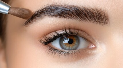 Naklejka premium Close-up macro photography of a hyper-detailed brown eyebrow, where a miniature cosmetologist in a beige spa uniform skillfully applies dye with a mascara brush while standing on a white wooden 