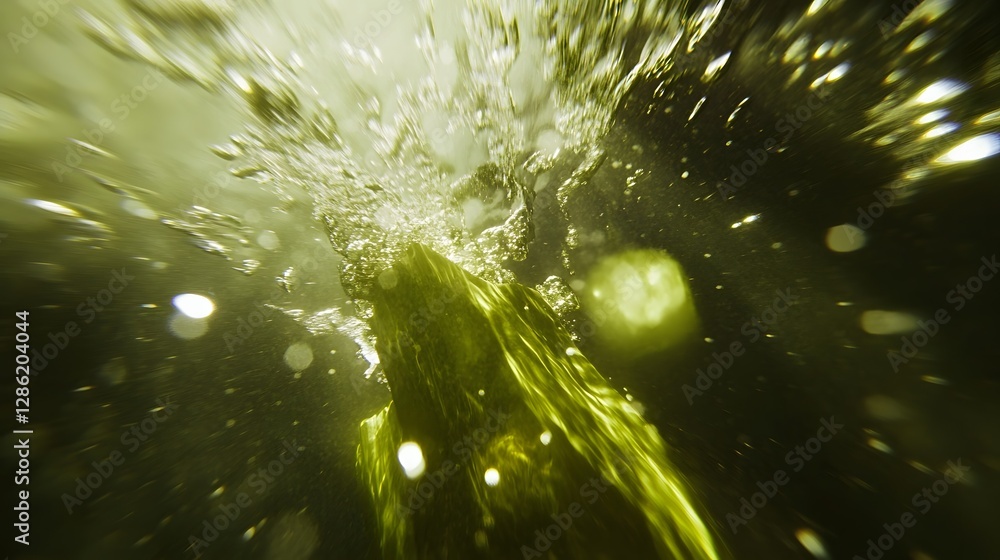 Poster chartreuse lime and citron underwater abstract with cinematic motion blur depth of field and luminou
