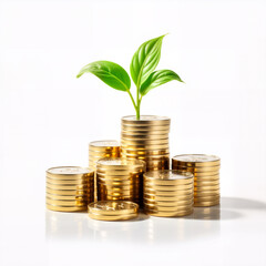 Financial Growth: A seedling emerges from a stack of gold coins, symbolizing investment and prosperity.
