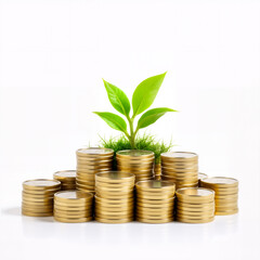 A young sprout grows from atop a pile of stacked golden coins, symbolizing financial growth and investment.
