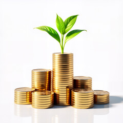 Financial Growth: A vibrant green plant emerges from stacks of golden coins, symbolizing wealth.