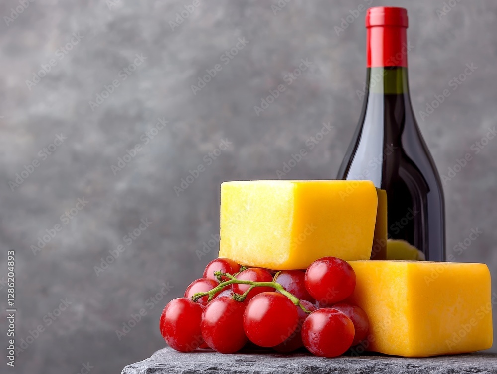 Poster red wine bottle with assorted cheese blocks and fresh cherry tomatoes on textured gray surface for p