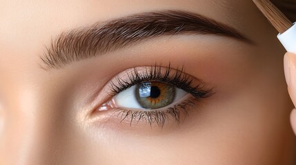 Obraz premium Hyper-realistic macro photography of a female brown eyebrow with a tiny blond cosmetologist standing on a white wooden ladder, carefully dyeing the brow with a small mascara brush. The cosmetologist 