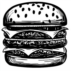 Stylish Burger Monochrome Vector: Isolated White Background Design for Global Fast Food Menus and Merch