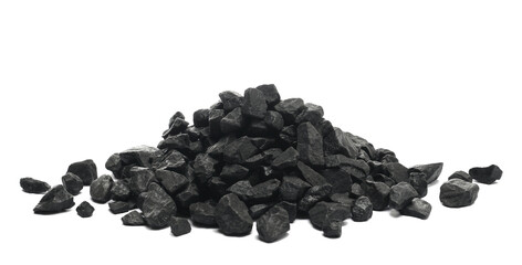 Black rocks pile isolated on white background, side view