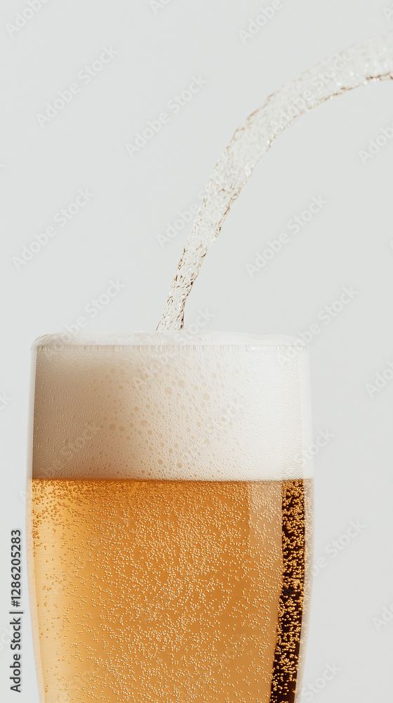 Poster bubbles of delight: the image features the effervescent pour of a refreshing golden beverage into a 