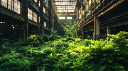 Lush Greenery Flourishes Inside Abandoned Industrial Warehouse in Natural Light