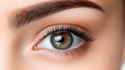 Obraz premium Ultra-realistic macro shot of a beautifully shaped female eyebrow, where a tiny cosmetologist on a white wooden ladder meticulously dyes a portion of the brow with a mascara brush. The deep 