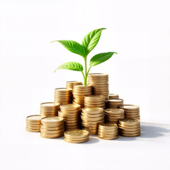 A young green plant grows from a pile of gold coins, symbolizing financial growth and investment.