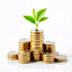 Coin stacks with sprout, illustrating investment growth. Financial prosperity concept for the future.