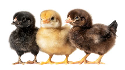 Three adorable chicks standing together showcasing their unique colors and fluffy feathers in a bright setting