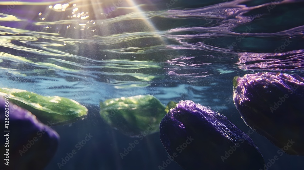 Poster underwater close up of an and lime with cinematic motion blur depth of field and light rays at sunse