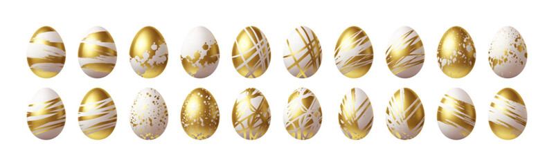 Elegant Collection of White and Gold Decorative Easter Eggs with Abstract Brush Patterns and Designs