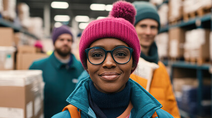 Empowering warehouse teamwork diverse workers in logistics warehouse group shot