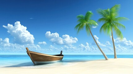 Obraz premium Tropical Beach with Boat, Palm Trees, and Blue Sky Vacation Scene