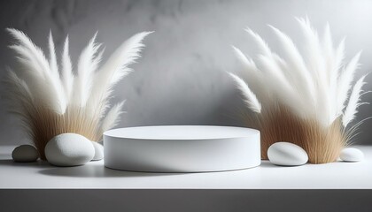 minimalist white product display a pristine white cylindrical platform bathed in soft light sits against a textured white backdrop adorned with wispy white pampas grass and smooth white stones