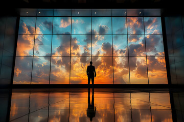 Businessman contemplating sunset through large window; modern interior