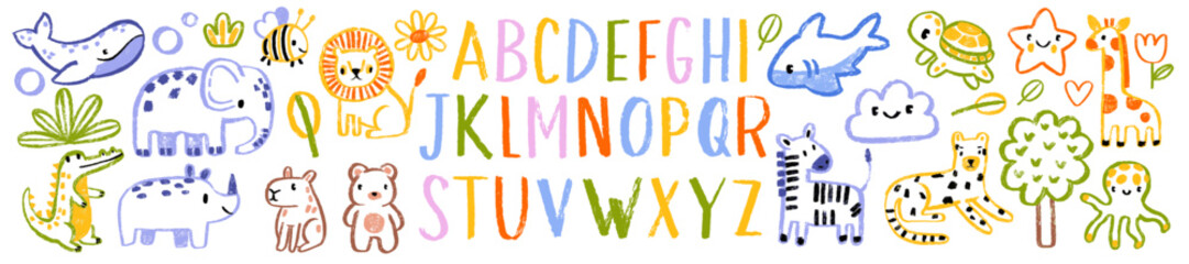 Kids doodle animal set, vector handwriting scribble alphabet, childish naive jungle character kit. ABC kindergarten print brushstroke texture, cute cartoon mammals, funny children design. Kids doodle
