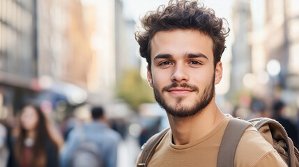 Un chico joven casual sonriente parado en mitad de la calle