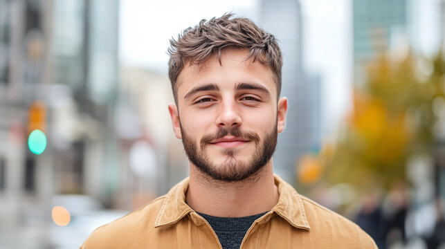 Un chico joven casual sonriente parado en mitad de la calle