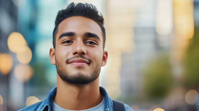 Un chico joven casual sonriente parado en mitad de la calle