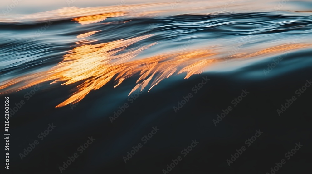 Poster saffron and navy underwater abstract with cinematic motion blur depth of field and light rays at sun