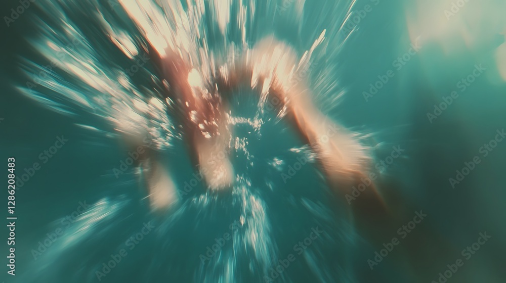 Poster teal and amaranth underwater sunset with cinematic motion blur light rays and depth of field creatin