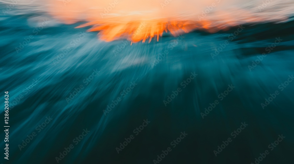 Poster turquoise and orange underwater abstract with a cinematic motion blur and depth of field effect capt