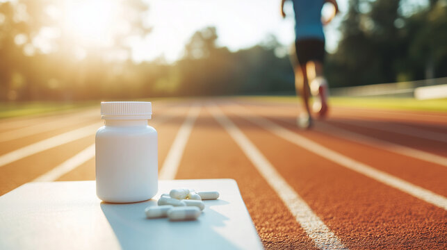 Un bote de suplementos frente a una pista de atletismo y una persona corriendo 