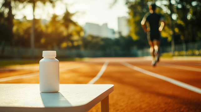 Un bote de suplementos frente a una pista de atletismo y una persona corriendo 