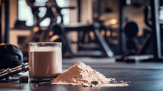 Un bote de suplemento en un gimnasio. Creatina. Proteina. 