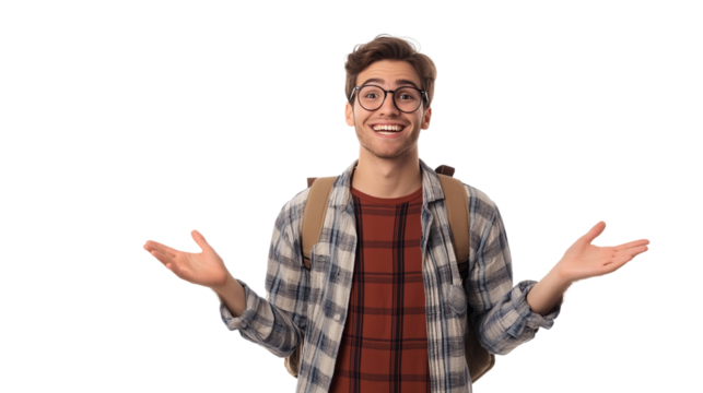 Student in a casual but smart outfit, enthusiastic and ambitious, young learner concept, isolated on a white background