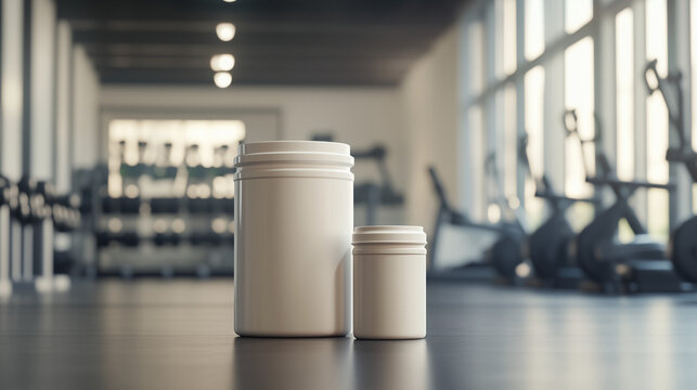 Botes de prote&iacute;na, creatina y suplementos en un gimnasio