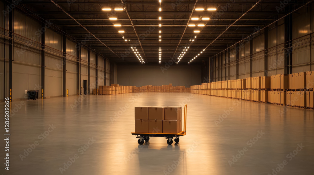 Aufkleber spacious warehouse with dolly cart filled with cardboard boxes, illuminated by bright overhead light