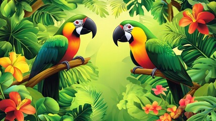 Colorful Macaw Parrots Perched in Lush Tropical Jungle Illustration