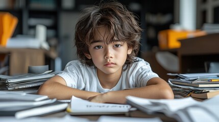 Young boy concentrating while sitting at a desk surrounded by a pile of papers