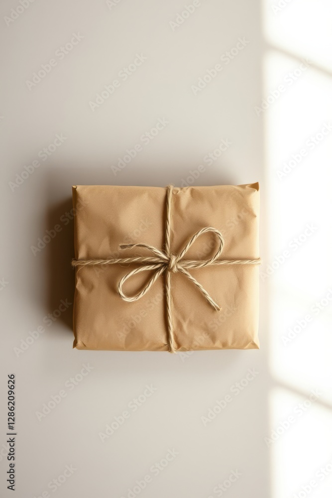 Poster wrapped gift box tied with string sits on neutral surface with window light casting shadows on backg