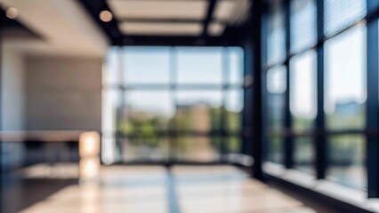 Fototapeta premium Beautiful blurred background of a light modern office interior with panoramic windows and beautiful lighting.
