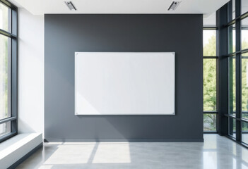 Pizarra en blanco en la pared de la oficina contemporánea pintada en gris oscuro con grandes ventanales
