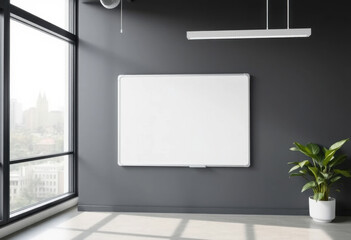 Pizarra en blanco en la pared de una oficina moderna pintada en gris oscuro con grandes ventanales
