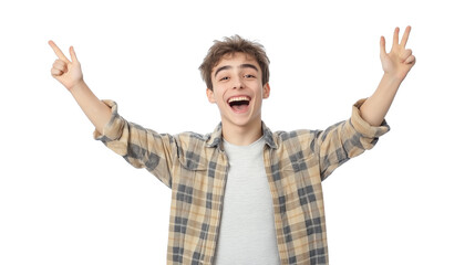 Student in a casual but smart outfit, enthusiastic and ambitious, young learner concept, isolated on a white background